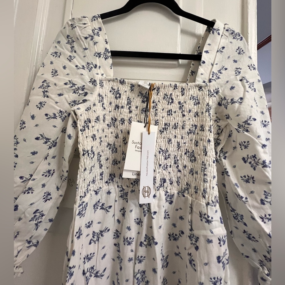 House of Harlow 1960 Linen Smocked
Bodice Floral Midi Dress